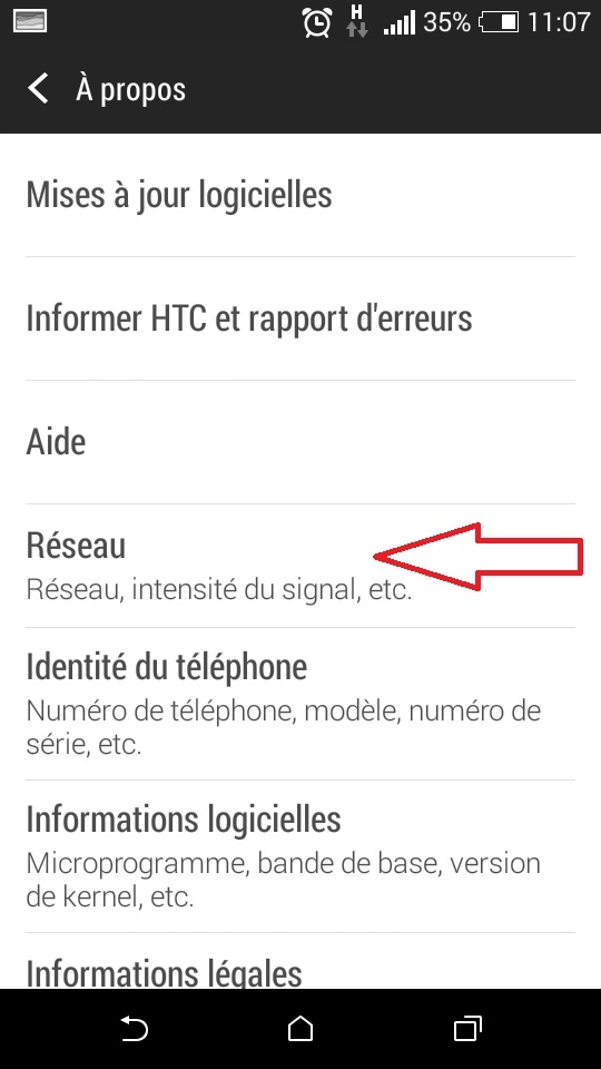 menu RESEAUX sous Android